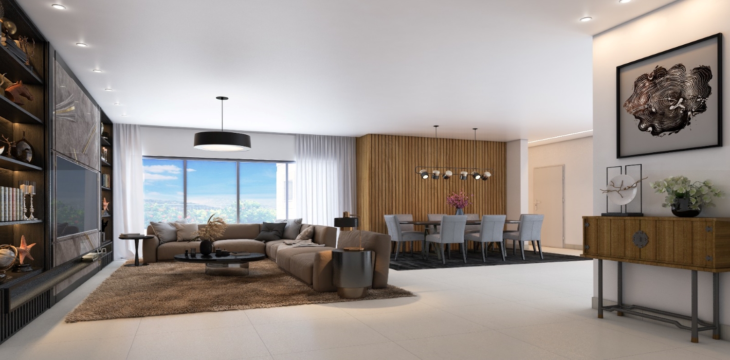 סלון ופינת אוכל עם חלון גדול באמצע